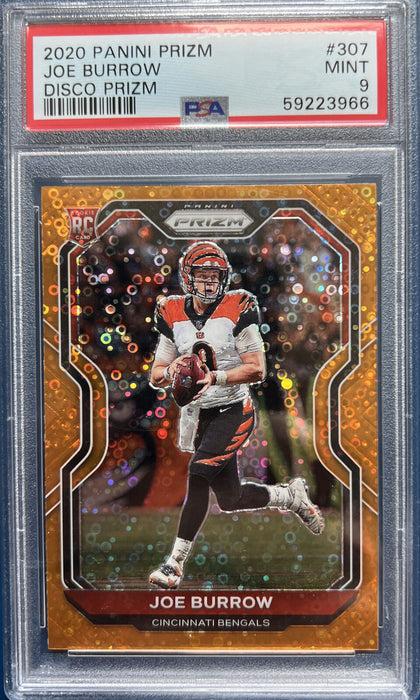 2020 Panini Prizm 307 JOE BURROW Rookie RC Orange DISCO PRIZM MINT PSA 9