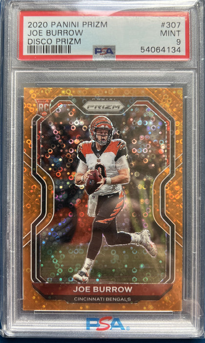 2020 Panini Prizm 307 JOE BURROW Rookie RC Orange DISCO PRIZM MINT PSA 9