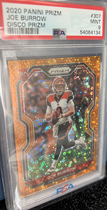 2020 Panini Prizm 307 JOE BURROW Rookie RC Orange DISCO PRIZM MINT PSA 9