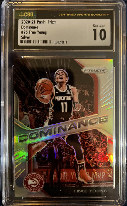 2020-21 Prizm TRAE YOUNG DOMINANCE SILVER PRIZMHOTCARD#25 GEM MINT 10