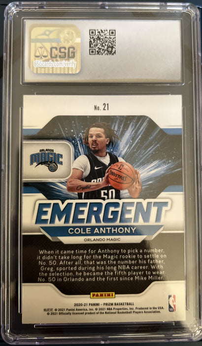 2020-21 Panini Prizm Emergent #21 Cole Anthony Gem Mint 10 /RC