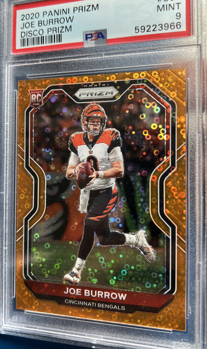 2020 Panini Prizm 307 JOE BURROW Rookie RC Orange DISCO PRIZM MINT PSA 9