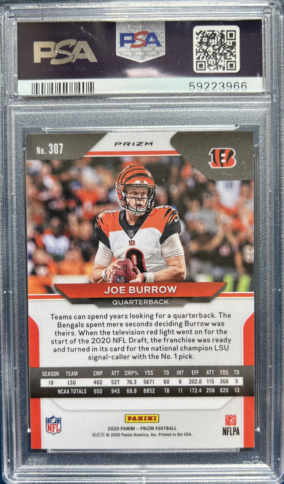 2020 Panini Prizm 307 JOE BURROW Rookie RC Orange DISCO PRIZM MINT PSA 9