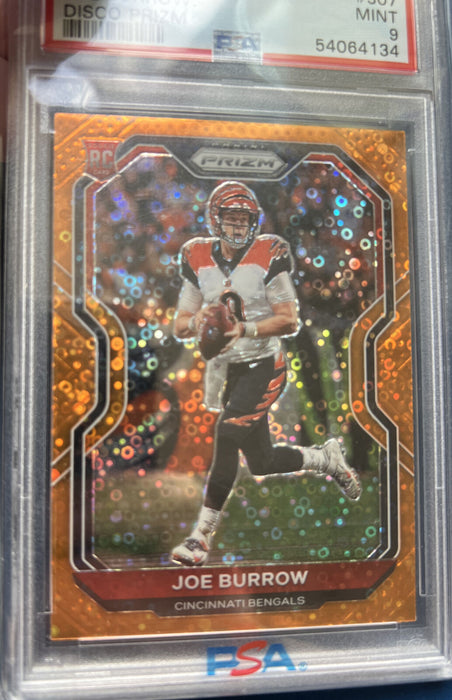 2020 Panini Prizm 307 JOE BURROW Rookie RC Orange DISCO PRIZM MINT PSA 9